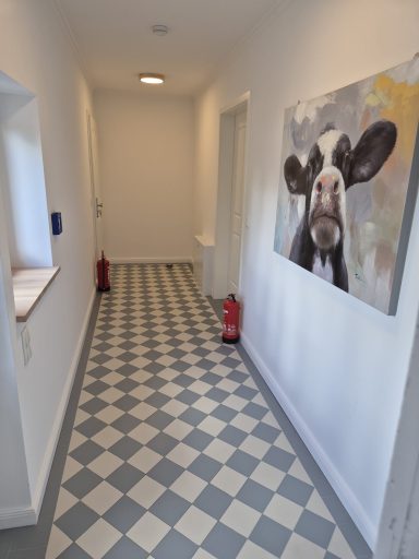 Ein heller Flur mit Schwarz-Weiß-Kuhbild und schachbrettartigem Boden.