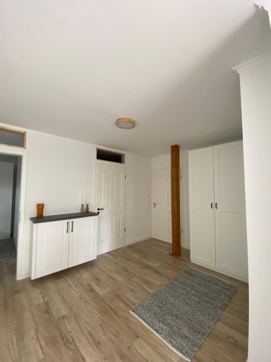 Heller Raum mit Holzfußboden, Schrank, Kaste und grauem Teppich.