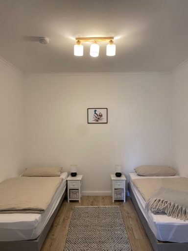 Zweibettzimmer mit zwei Einzelbetten, Nachttischen und modernen Lampen an der Decke.